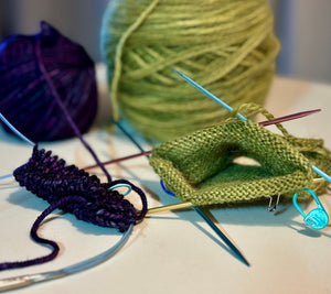 Two knitting projects, one using "magic loop" and one using double pointed needles.