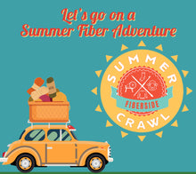 Load image into Gallery viewer, An image of a yellow car with a basket of yarn in the roof carrier, heading toward the Fiberside Summer Crawl logo. A banner at the top reads: &quot;Let&#39;s go on a Summer Fiber Adventure&quot;.