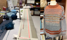 Load image into Gallery viewer, A banner image showing the LK150 alongside a raglan sleeve sweater that was made on the knitting machine.