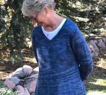 Load image into Gallery viewer, Ann Budd models her Port Townsend Swing, a top down set in sleeve pullover designed during class!