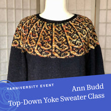 Load image into Gallery viewer, Square image of Cynthia&#39;s top-down, yoke sweater from Ann&#39;s class with support from the book, &quot;The Knitter&#39;s Handy Book of Top-Down Sweaters&quot;. You should take this class; you&#39;ll end up with a great sweater! That fits you perfectly.
