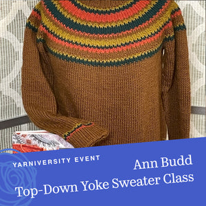 Square image of a top-down, yoke sweater from Ann's book, "The Knitter's Handy Book of Top-Down Sweaters". You should take this class; you'll end up with a great sweater! That fits you perfectly.