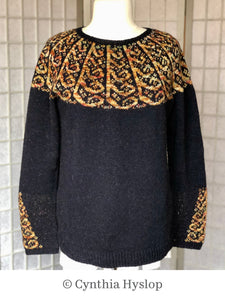 Image of Cynthia's finished sweater from Ann's class.