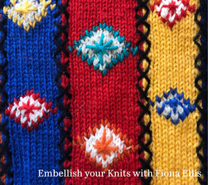 Image of beautiful handwork and embroidery applied to a knitted project to add details, features and colour elements. Take this class with Fiona Ellis to learn how to add these "after knit" components.