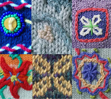 Load image into Gallery viewer, Image of examples that Fiona Ellis will share and show you how to create, to add embellishment through embroidery, to your knitted projects.