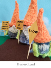 Load image into Gallery viewer, Photo of Gnoah, Gnaomi and Gniblet (gnomes) knit in RCY Epic. These gnomes have joined the road construction team. Visit &quot;smoothpurl&quot; on Ravelry to see more photos.