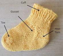Load image into Gallery viewer, Image of a &quot;training sock&quot;, knit toe up with a heel flap and gusset. 