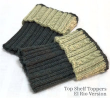 Load image into Gallery viewer, A photo of a set of Top Shelf (Boot) Toppers made in RCY El Rio. The upper cuff is worked in light green, &quot;Soft Sage&quot;. The under cuff is worked in dark green, &quot;Juniper&quot;.