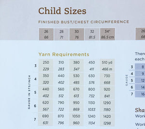 Image of yarn requirements for Child Size sweater