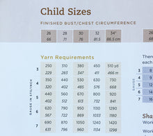 Load image into Gallery viewer, image of chart with yarn requirements for child size sweater