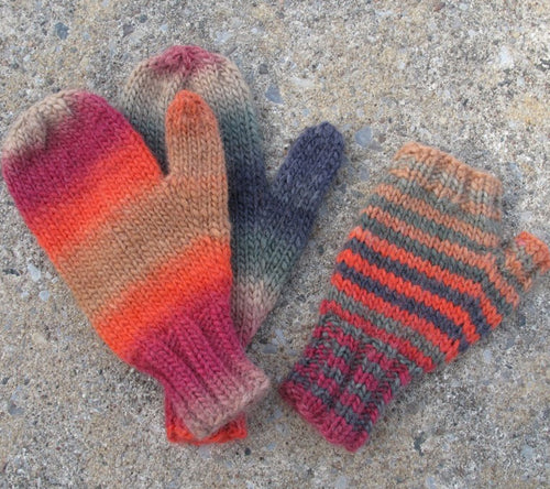 Knitted mittens and fingerless mitt