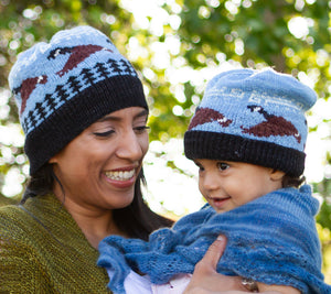 A mom and a daughter wearing Little Goose Tuques
