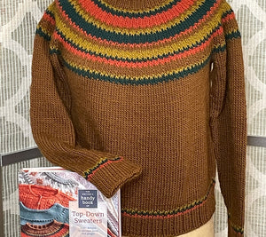 Image of a top down yoke sweater from Ann's book, "The Knitter's Handy Book of Top-Down Sweaters". You can make your own version in this class.